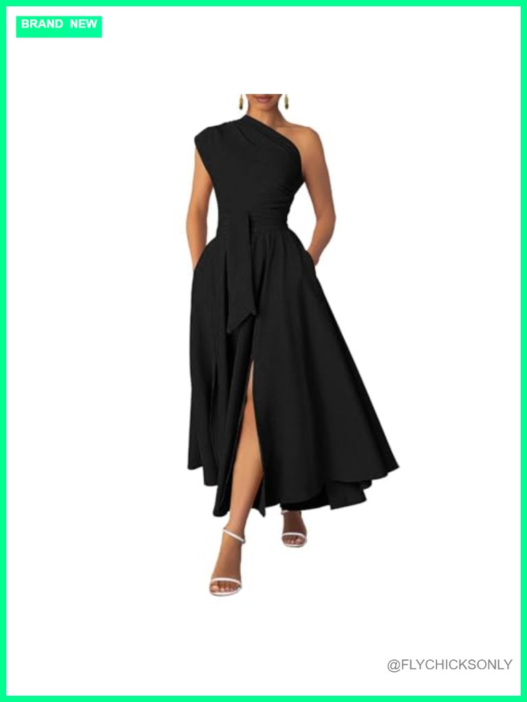 One Shoulder Belted Maxi Dress With Pockets
